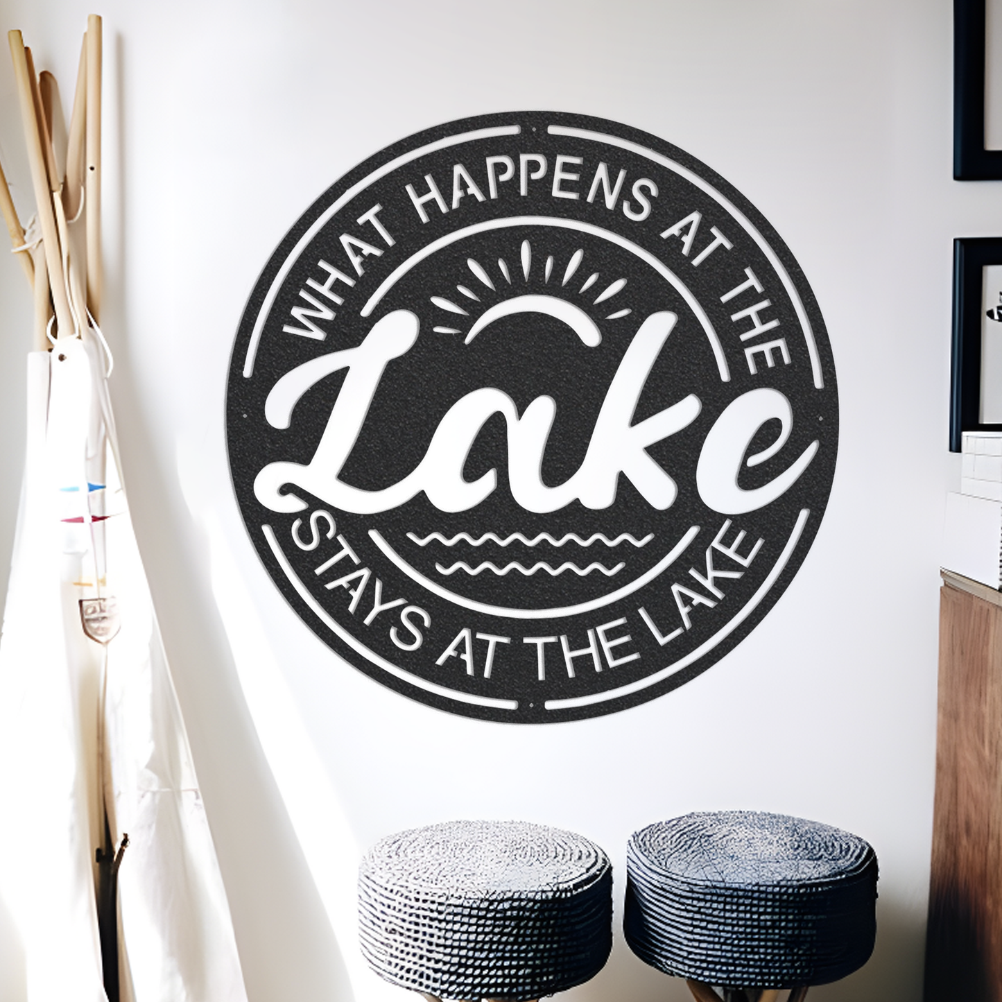Lake Metal Wall Art, What Happens at the Lake, Lake House Decor, Beach House Decor, Lake House Gift, Housewarming Gift