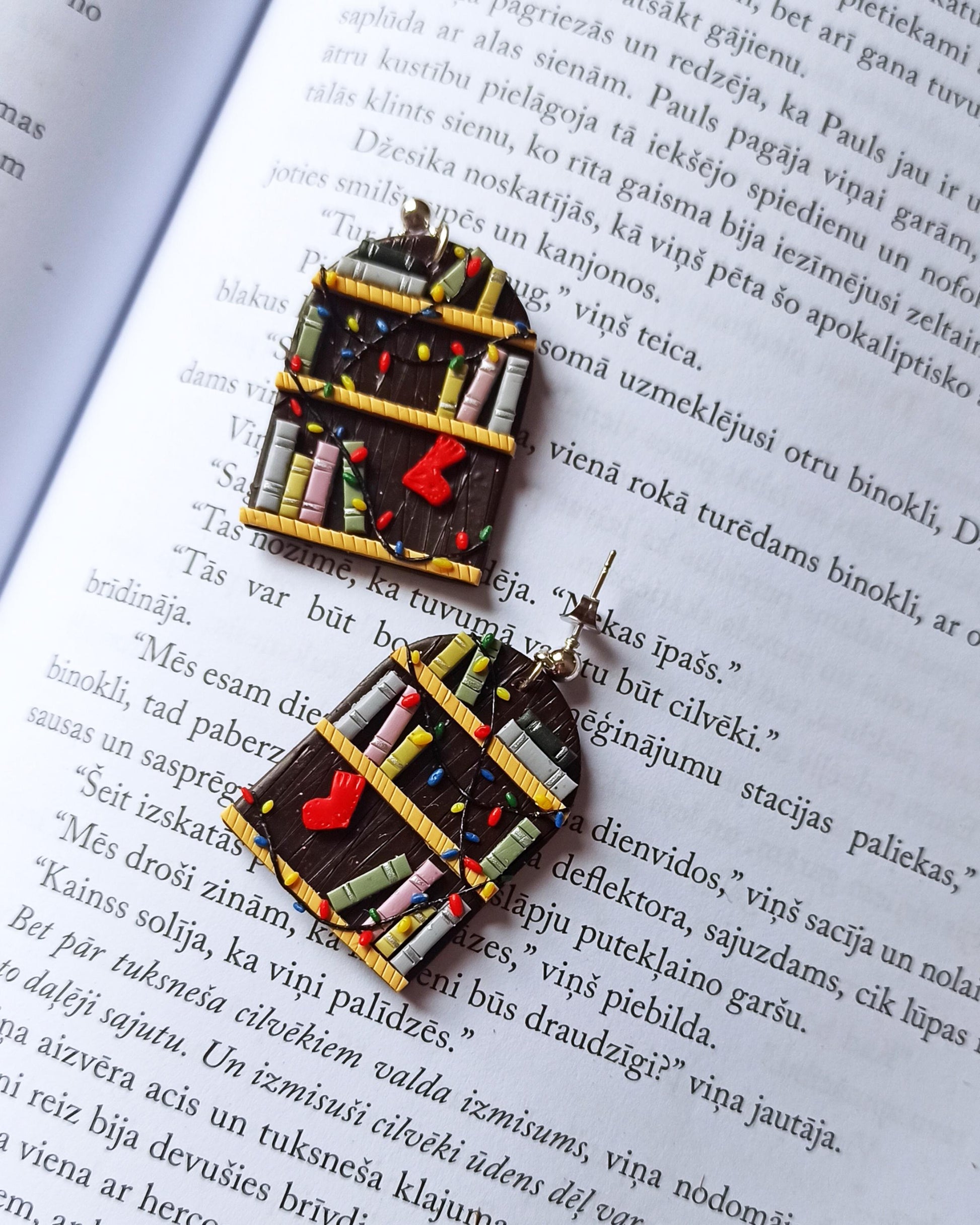 Avelli- Brown Bookshelf dandle Earrings - Polymer Clay - Winter mood gift READY TO SHIP - nickel free - eco-friendly - reader gift- booklove