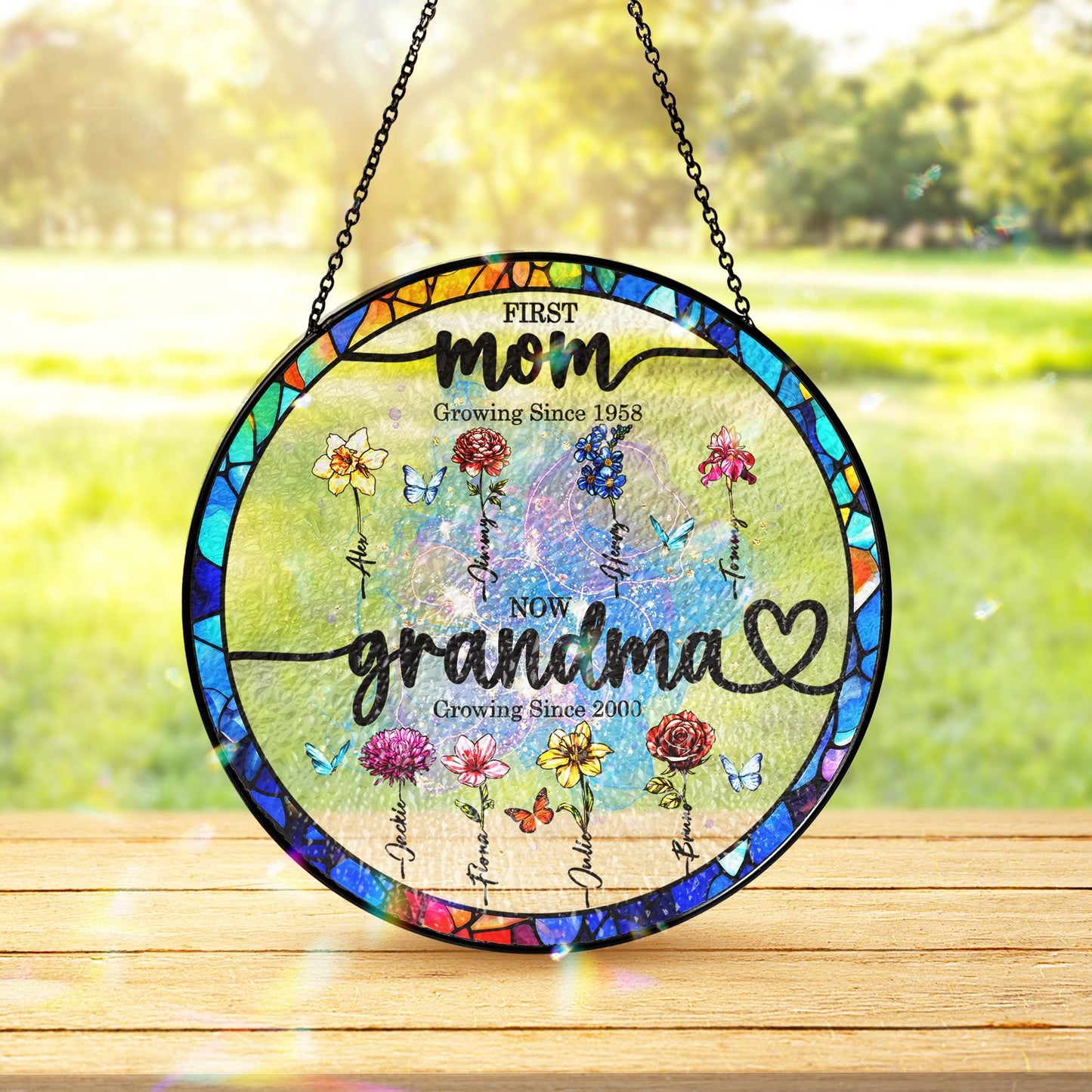 First Mom Now Grandma Stained Glass Suncather Personalized Birth Month Flower Window Hanging,Mother Day Gift,Gift for Mom,Grandma Home Decor