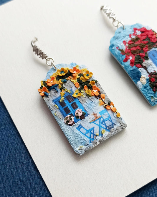 Blue polymer clay earrings: pink flower landscape earrings, handmade jewellery