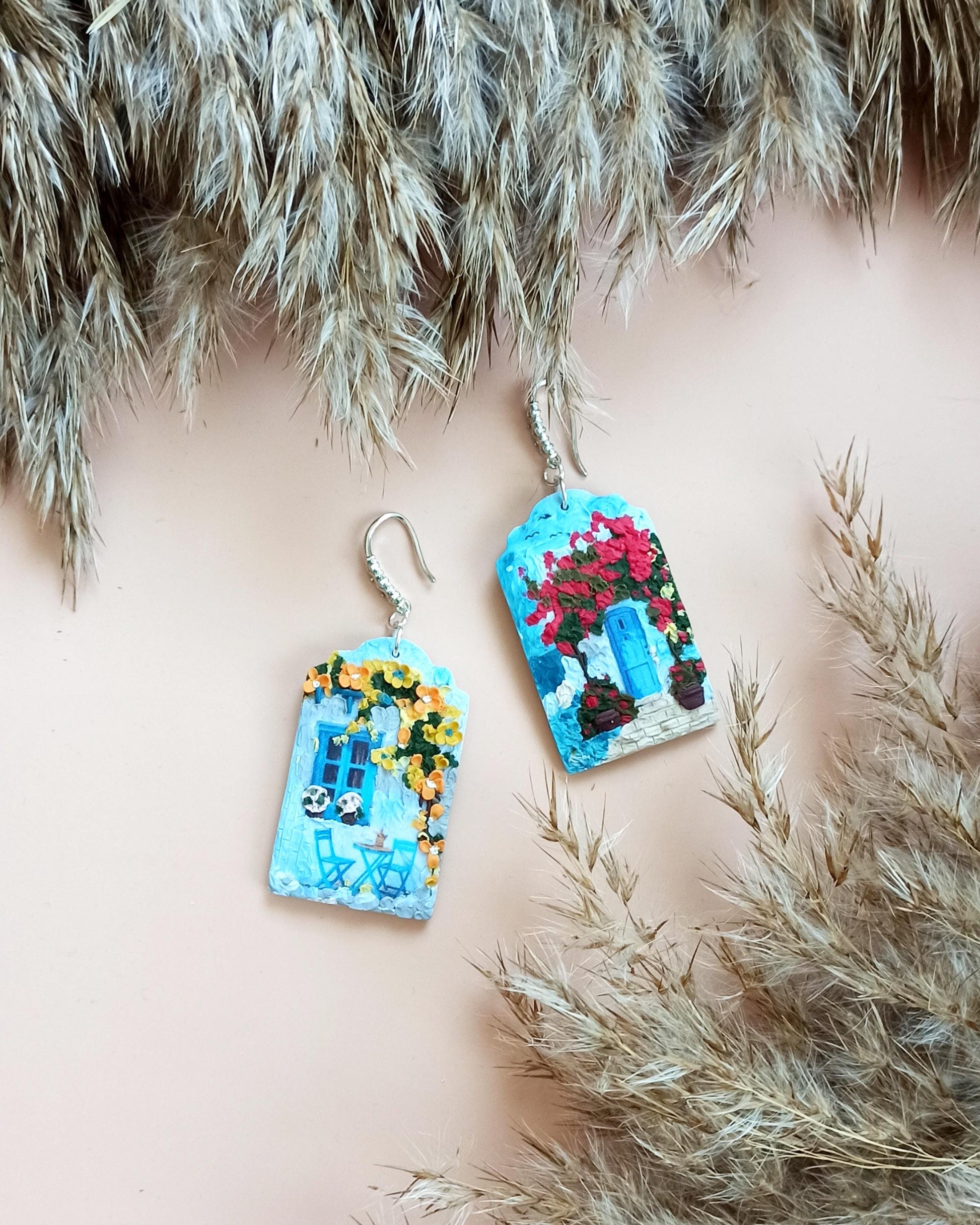 Blue polymer clay earrings: pink flower landscape earrings, handmade jewellery