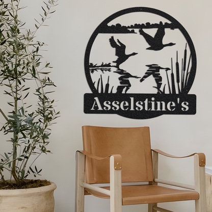 Geese Flying Metal Sign, Lake Metal Sign Metal Wall Decor, Custom Name Sign Bird Wall Art, Wildlife Art Bird Wall Decor, Metal Wall Art