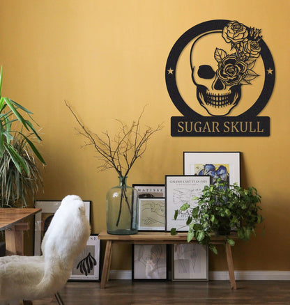 Custom Sugar Skull Wall Art,Skull Floral Metal Sign,Room Decoration,Personalized Skull Wall Decor,Skull Lover Gift,Metal Skull Monogram