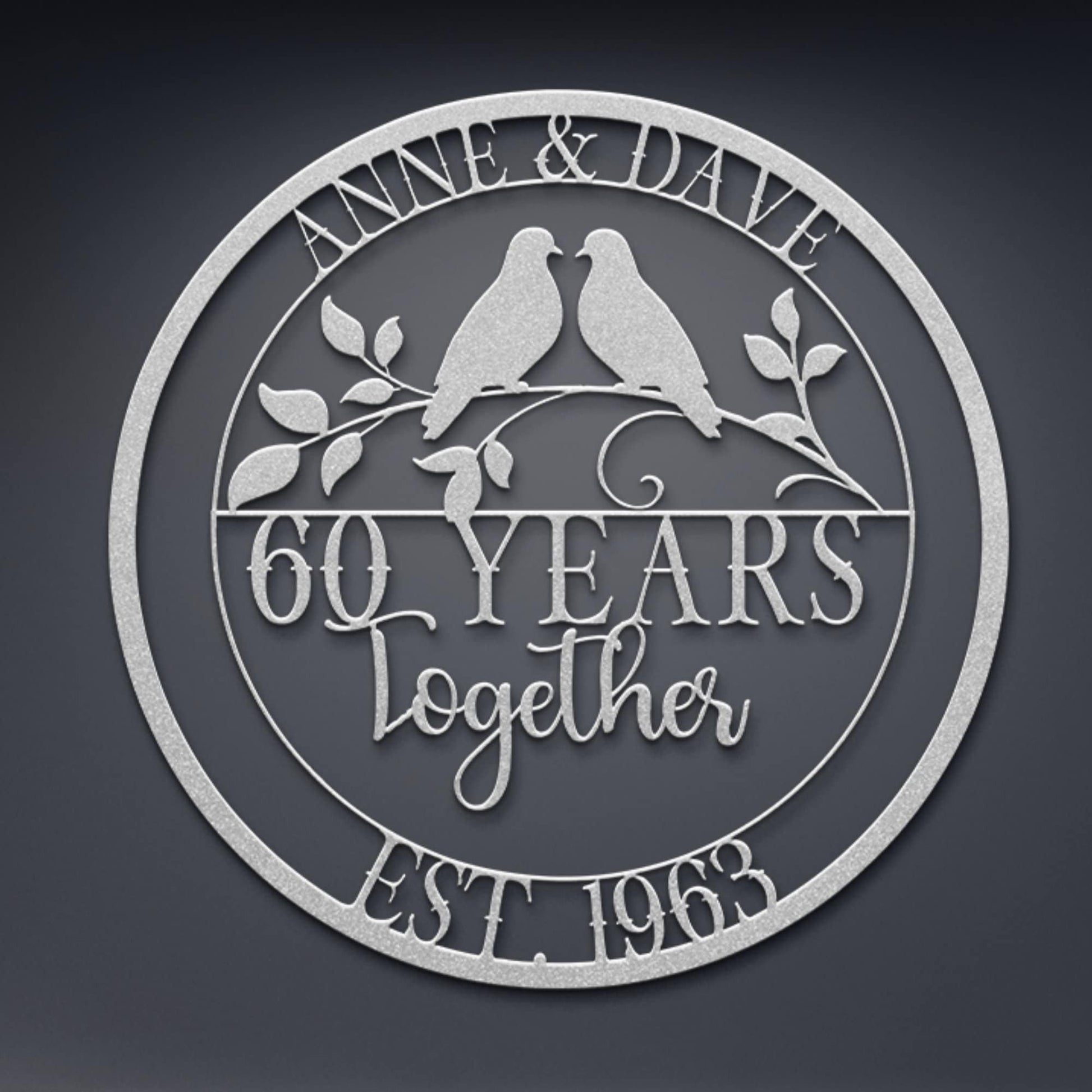 60th Anniversary Gift, Parents Anniversary, Diamond Anniversary, 60 Year Anniversary Sign, Wedding Anniversary Metal Wall Art, Doves Sign