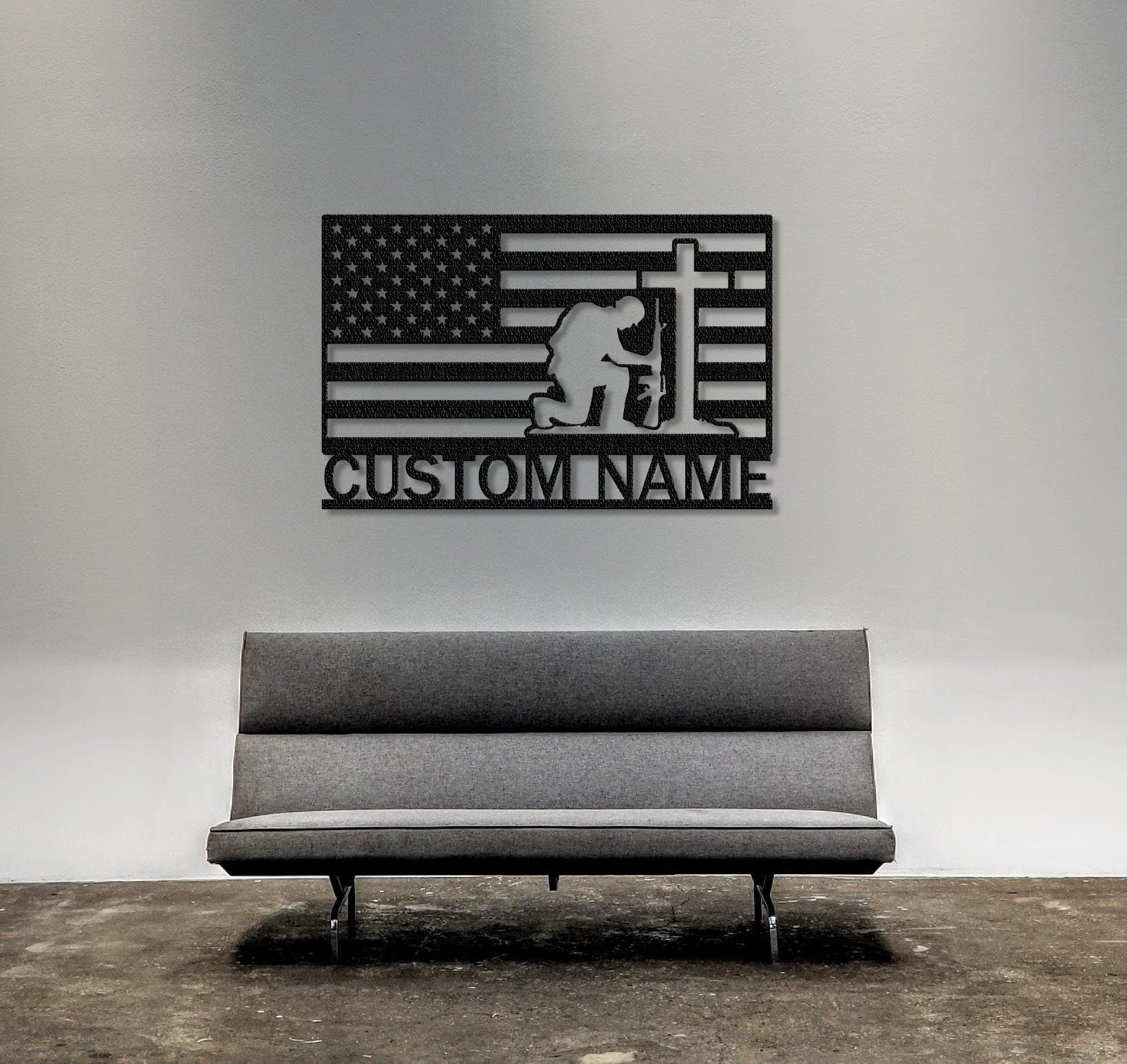 Custom US Flag Soldier Sign,Military Gift,Soldier Silhouette Sign,Army Veteran Gift,Memorial Sign,Soldier Kneeling,Cross Wall Art