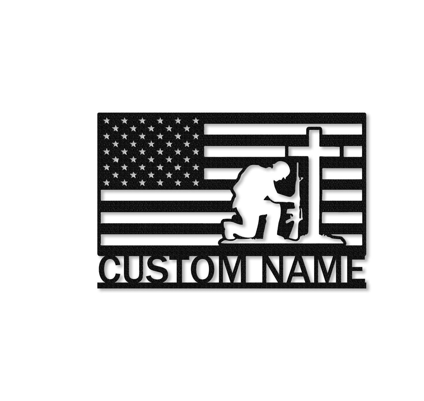 Custom US Flag Soldier Sign,Military Gift,Soldier Silhouette Sign,Army Veteran Gift,Memorial Sign,Soldier Kneeling,Cross Wall Art
