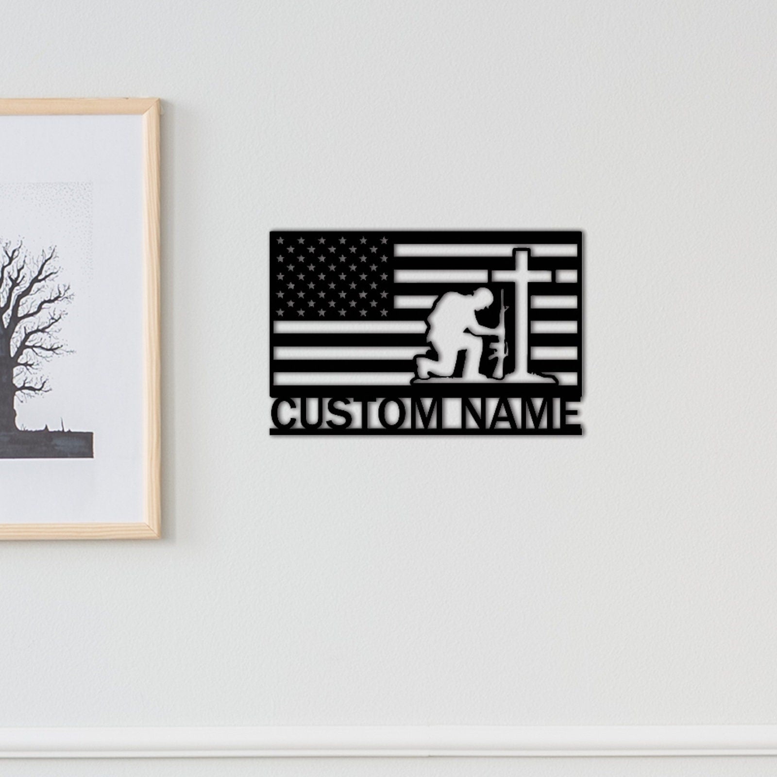 Custom US Flag Soldier Sign,Military Gift,Soldier Silhouette Sign,Army Veteran Gift,Memorial Sign,Soldier Kneeling,Cross Wall Art