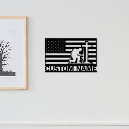Custom US Flag Soldier Sign,Military Gift,Soldier Silhouette Sign,Army Veteran Gift,Memorial Sign,Soldier Kneeling,Cross Wall Art