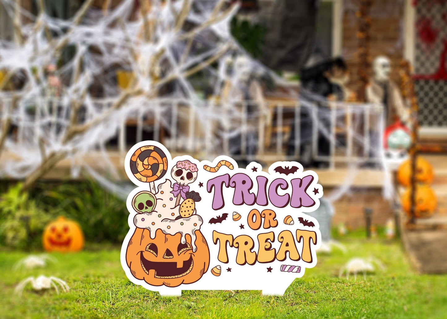 Trick Or Treat Metal Lawn Sign, Halloween Yard Sign, Halloween Decor, Halloween Sign with Stakes, Staked Address, Address Sign for Lawn