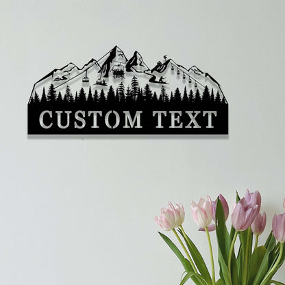Custom Skiing Metal Sign,Ski Mountain Scene Metal Wall Art,Ski Home Decor,Personalized Skier Name Sign,Ski Lift Chair Sign,Snow Skiing Sign