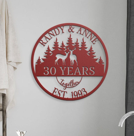 30th Anniversary Gift For Parents, Gifts For Couples, Wedding Anniversary Metal Sign, Deers Monogram, Hunting Lovers Gift, Personalized Art