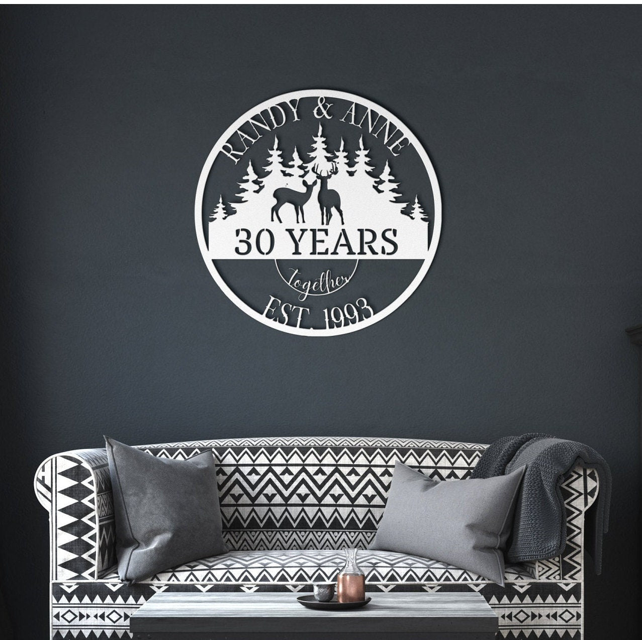 30th Anniversary Gift For Parents, Gifts For Couples, Wedding Anniversary Metal Sign, Deers Monogram, Hunting Lovers Gift, Personalized Art