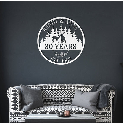 30th Anniversary Gift For Parents, Gifts For Couples, Wedding Anniversary Metal Sign, Deers Monogram, Hunting Lovers Gift, Personalized Art