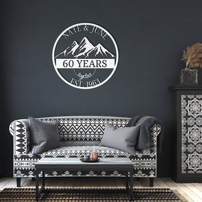 60th Anniversary Gift, Parents Diamond Anniversary, 60 Year Anniversary Sign, Wedding Anniversary Metal Wall Art, Mountainss Metal Sign