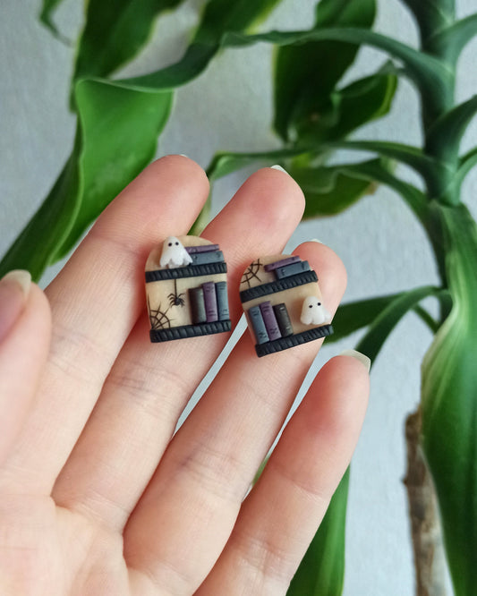 Halloween Ghost Earrings: Polymer Clay Book Studs, Witchy Booknerd Jewelry